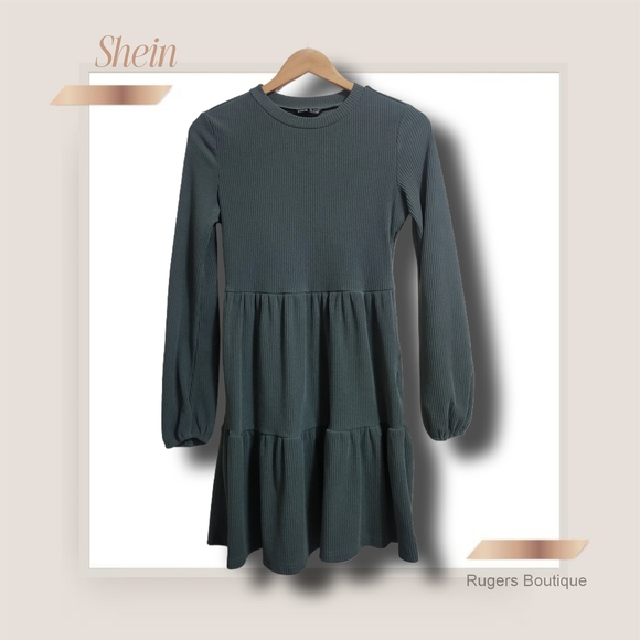 🌿Shein Womens Small Green Rib Knit Tiered Long Sleeve Dress - Picture 3 of 12